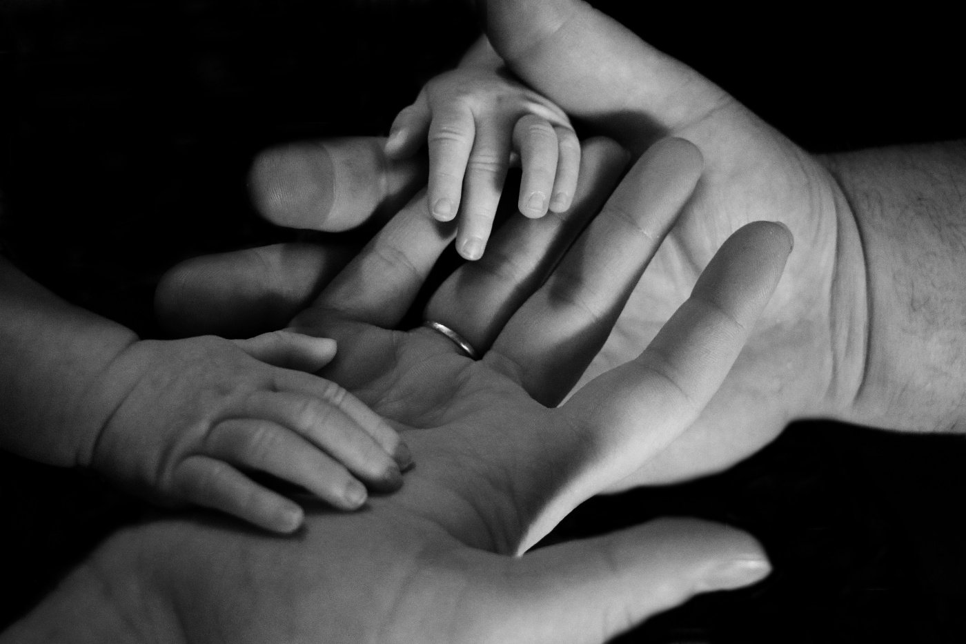 Two adult-sized hands being squeezed by infant hands