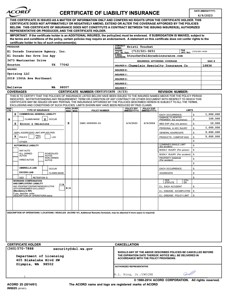 Red Keith Certificate of insurance